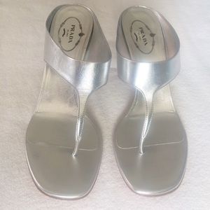Prada metallic silver sandal heels